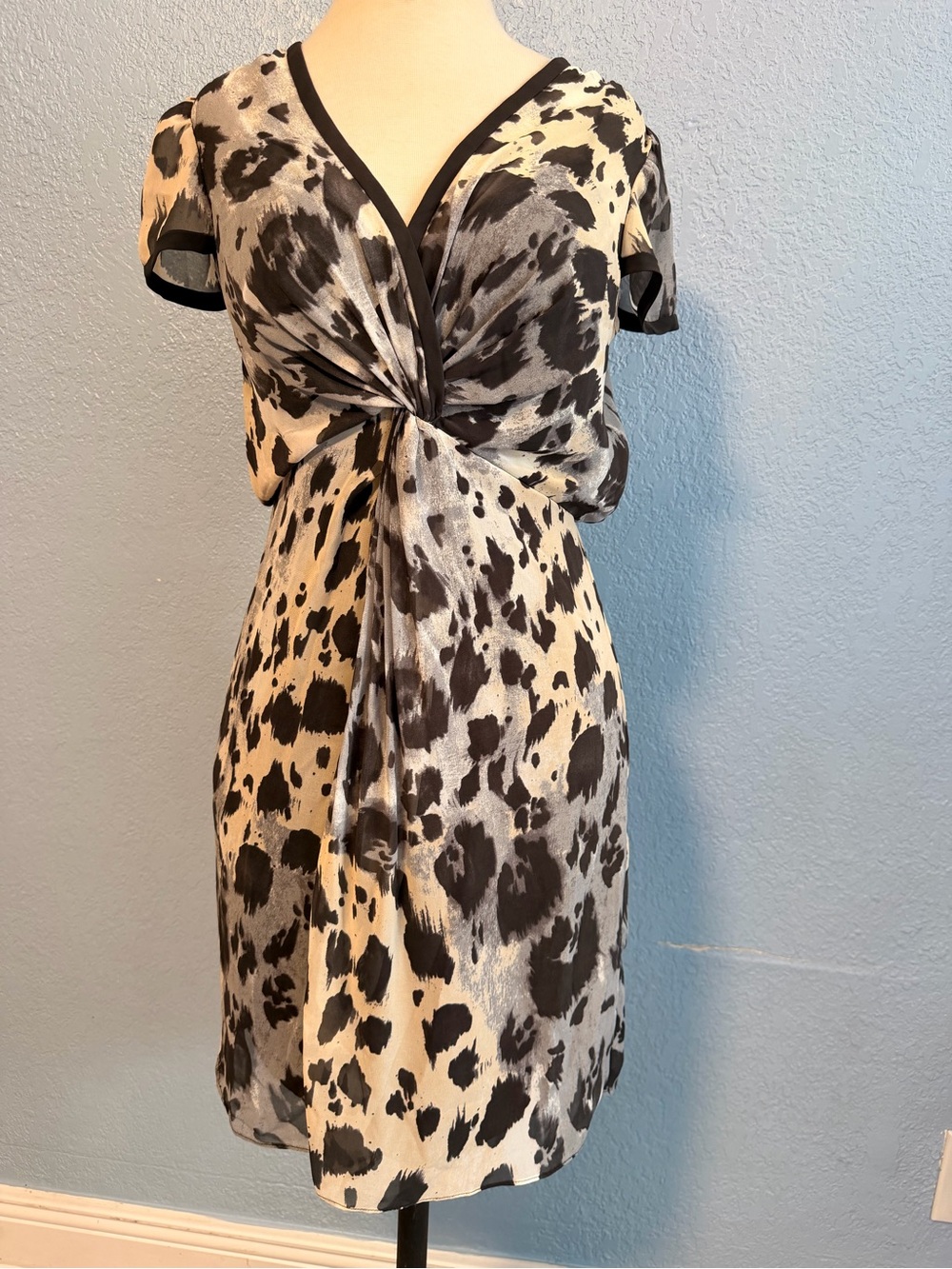 Adrianna Papell Black and Cream Animal-Print Twist Midi Dress
